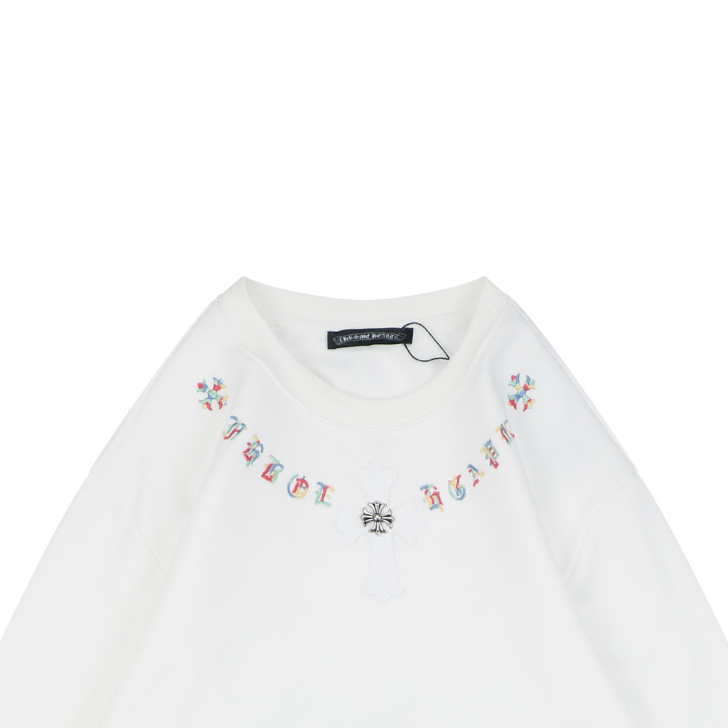 Chrome Hearts Colorful Sanskrit Neckline Embroidery Crewneck Sweatshirt — White