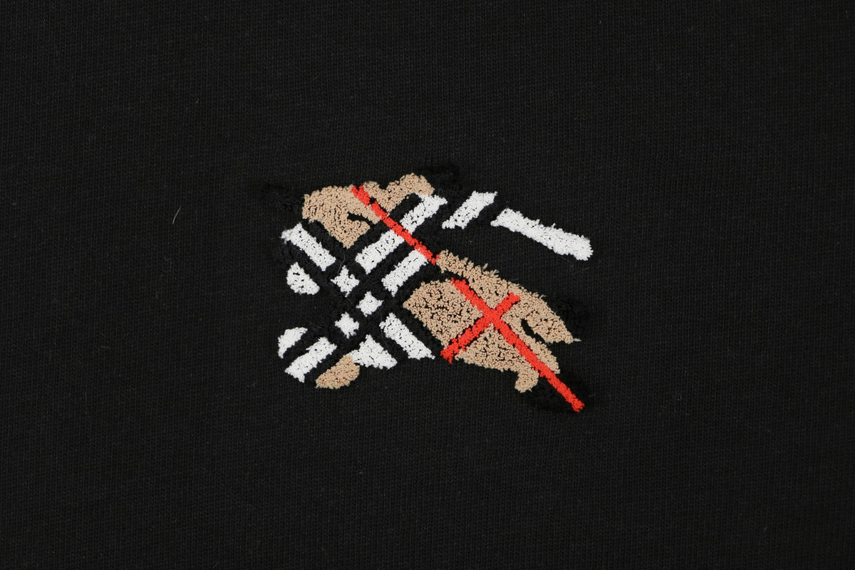 Burberry Mini House Check Equestrian Knight Flocked Short Sleeve Tee Black