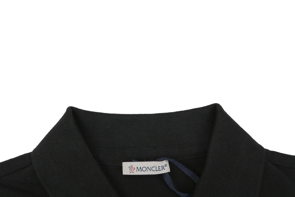 Moncler Grosgrain-Trim Button Polo Shirt — Black