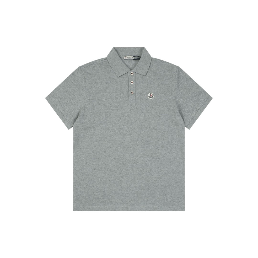Moncler Grosgrain-Trim Button Polo Shirt — Grey