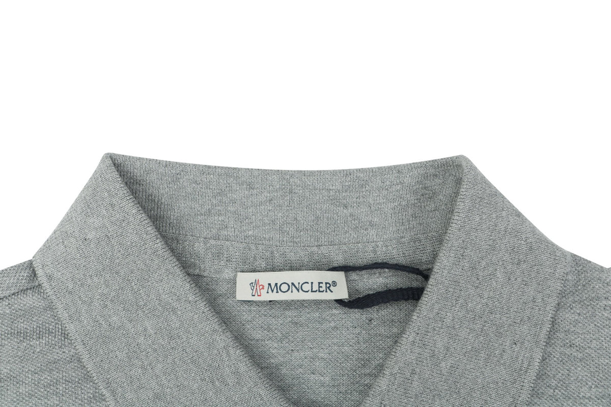 Moncler Grosgrain-Trim Button Polo Shirt — Grey