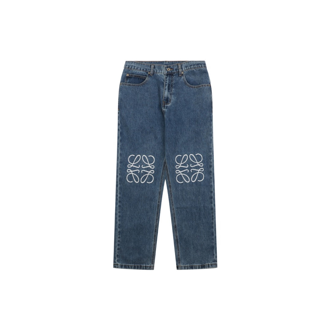 Loewe 24FW Anagram Knee Embroidered Denim Jeans Mid-Wash Blue