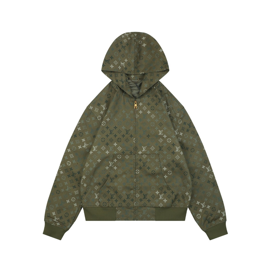 Louis Vuitton All-Over Monogram Print Zip Hoodie Jacket Army Green