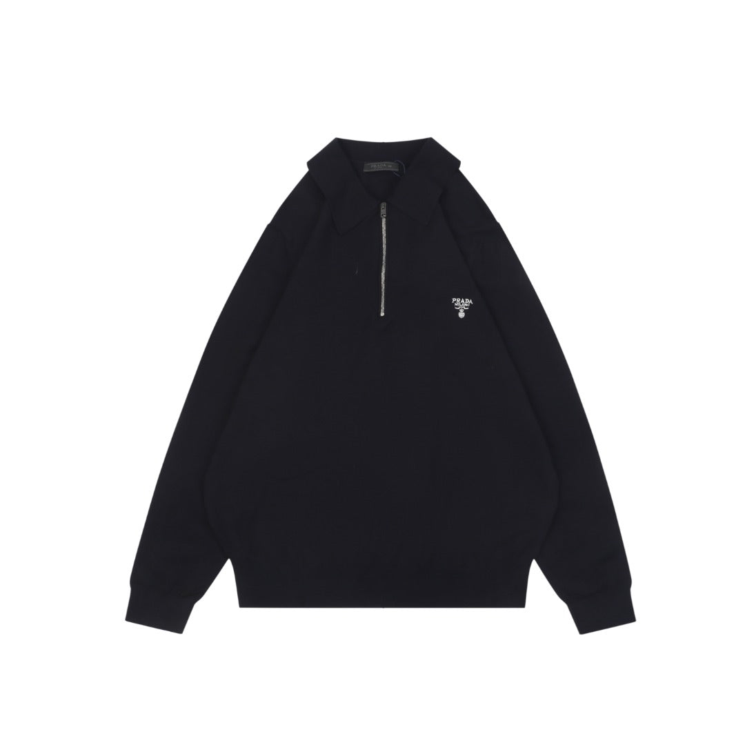 Prada 25FW Mini Triangle Badge Half-Zip Knit Polo Long Sleeve Black