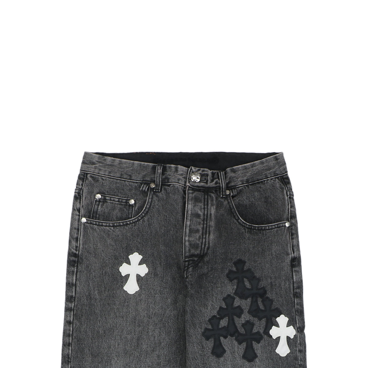 Chrome Hearts Black & White Cross Leather Appliqué Denim Jeans