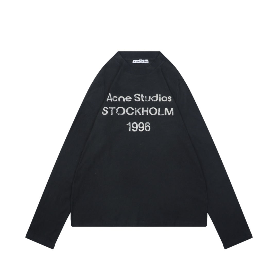 Acne Studios 1996 Distressed Logo Print Long Sleeve Tee – Black