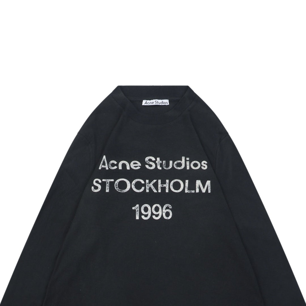 Acne Studios 1996 Distressed Logo Print Long Sleeve Tee – Black