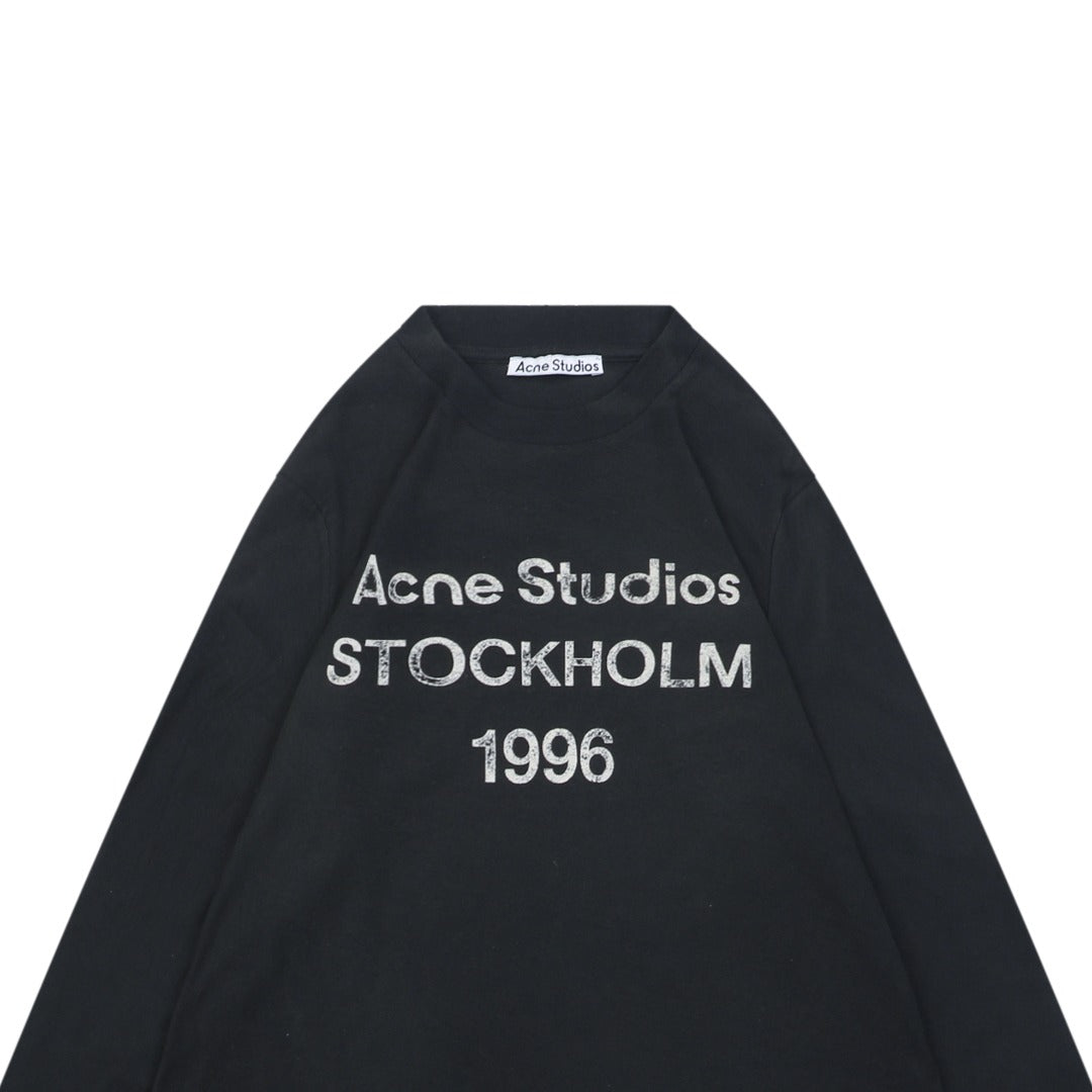 Acne Studios 1996 Distressed Logo Print Long Sleeve Tee – Black