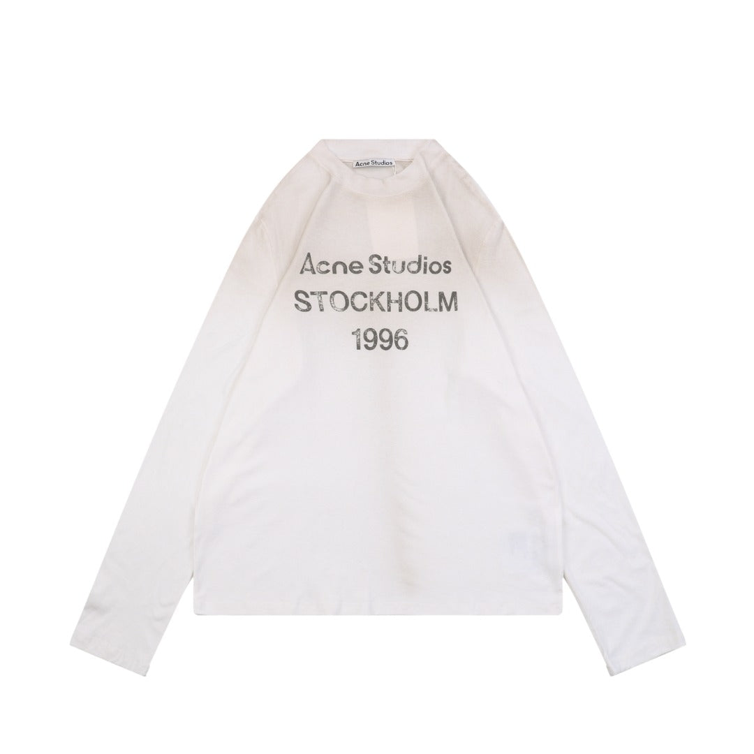 Acne Studios 1996 Distressed Logo Print Long Sleeve Tee – White