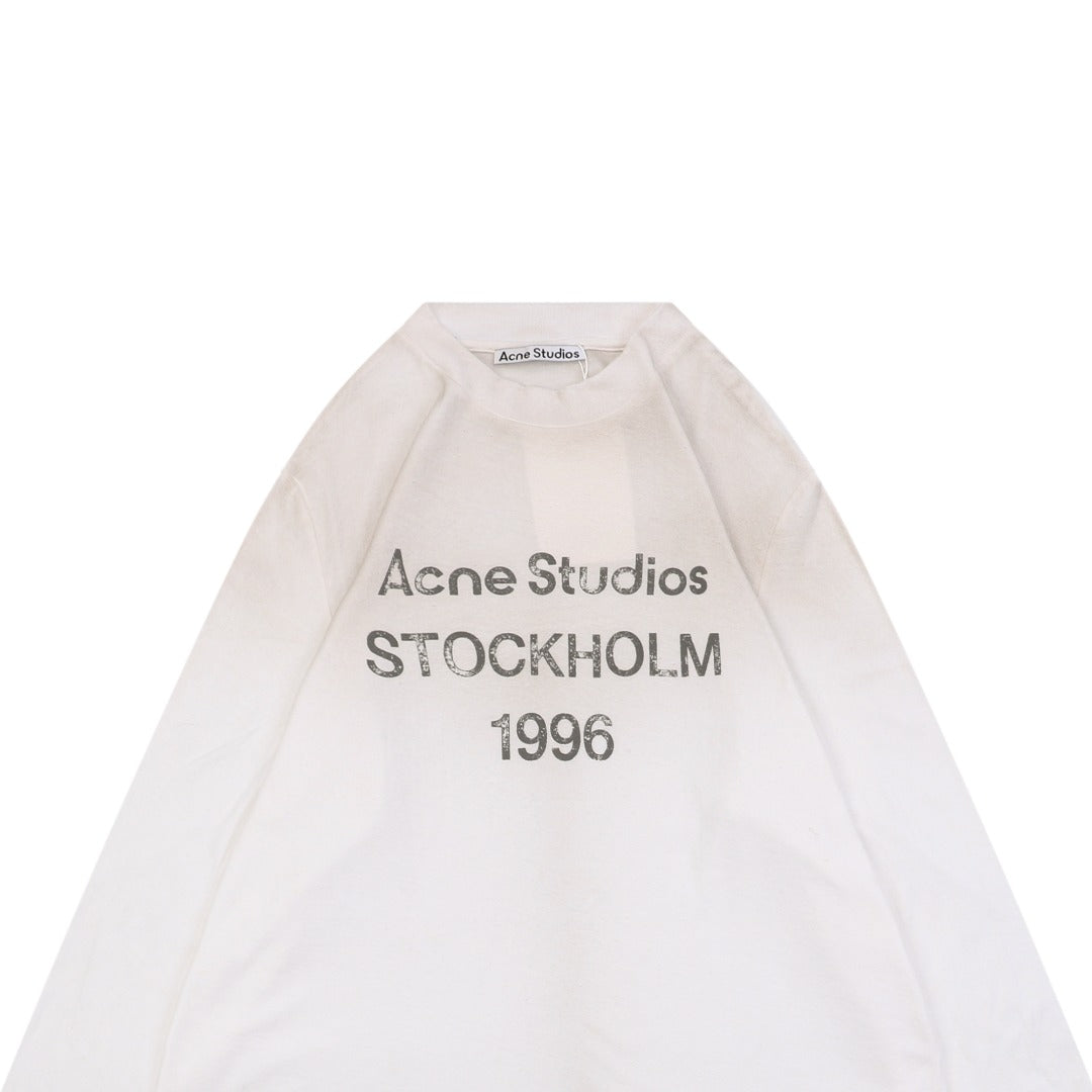 Acne Studios 1996 Distressed Logo Print Long Sleeve Tee – White