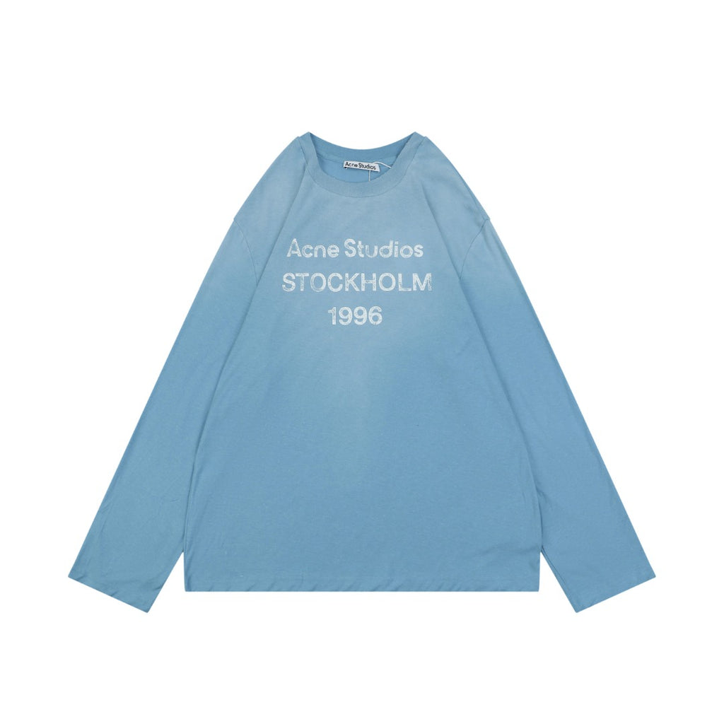 Acne Studios 1996 Distressed Logo Print Long Sleeve Tee – Ice Blue