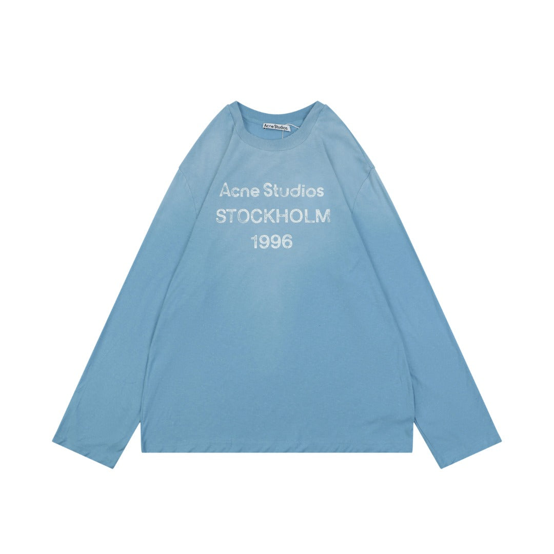Acne Studios 1996 Distressed Logo Print Long Sleeve Tee – Ice Blue