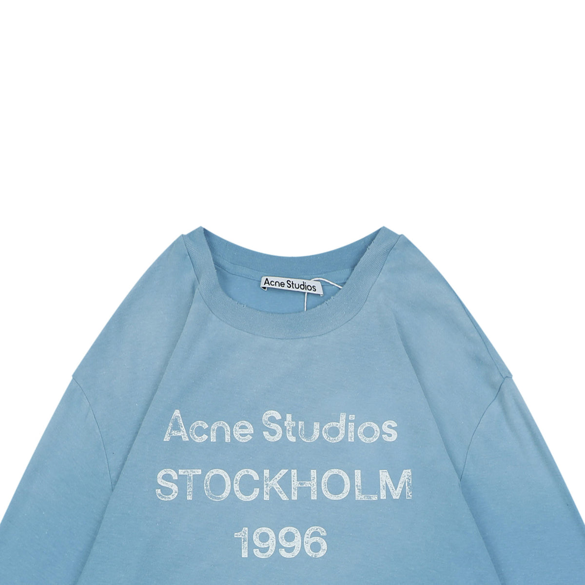 Acne Studios 1996 Distressed Logo Print Long Sleeve Tee – Ice Blue
