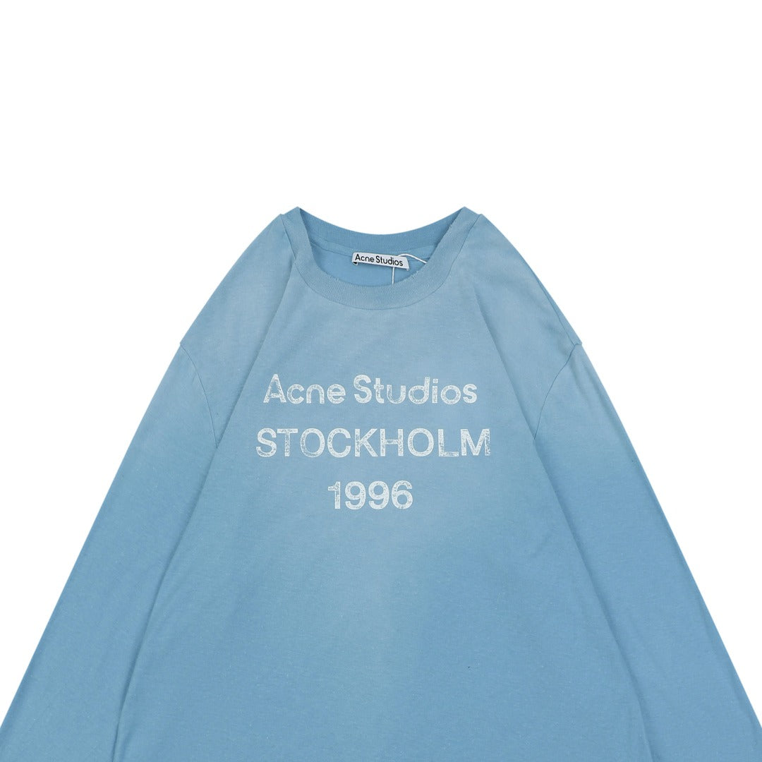 Acne Studios 1996 Distressed Logo Print Long Sleeve Tee – Ice Blue