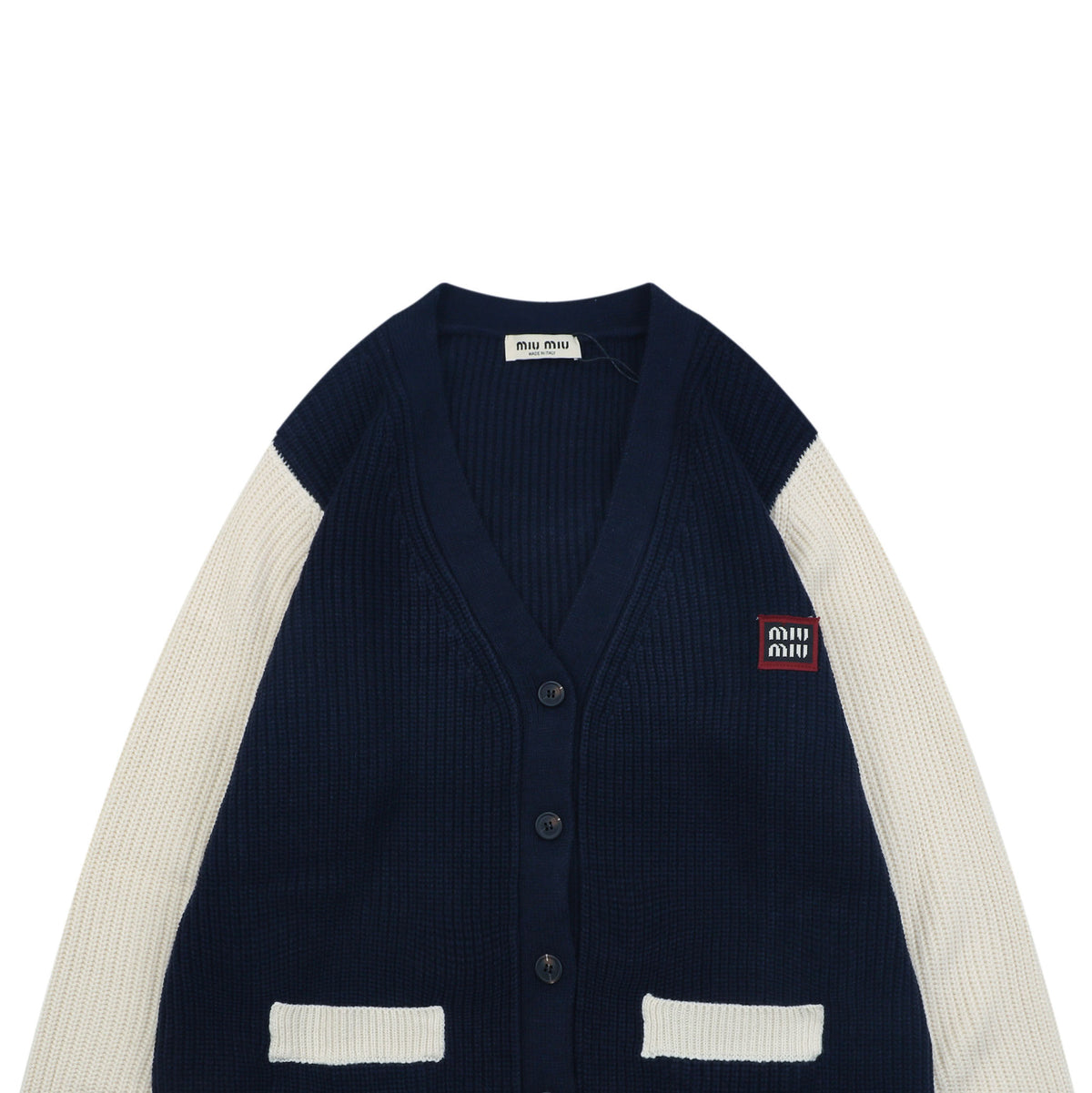 Miu Miu 25FW Logo Badge Colourblock Cardigan – Navy/Cream