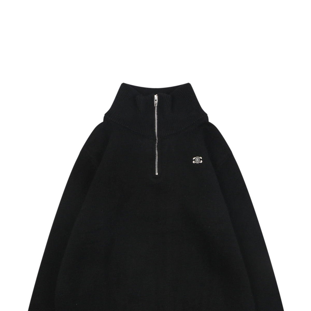 Celine Triomphe Badge High-Neck Half-Zip Sweater - Black