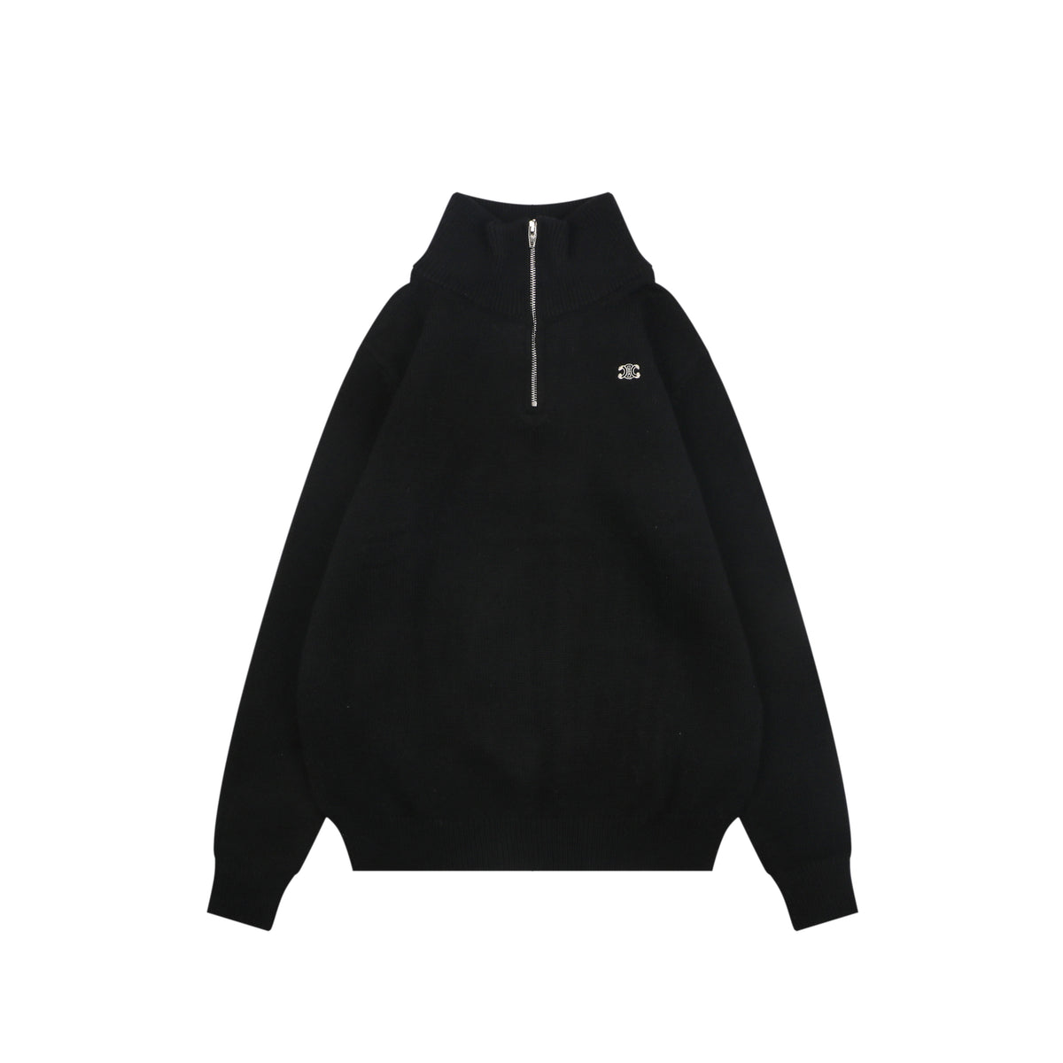 Celine Triomphe Badge High-Neck Half-Zip Sweater - Black