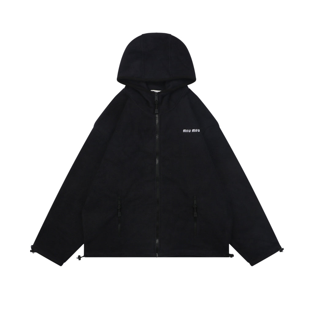 Miu Miu 25FW Small-Logo Hooded Fleece Jacket - Black