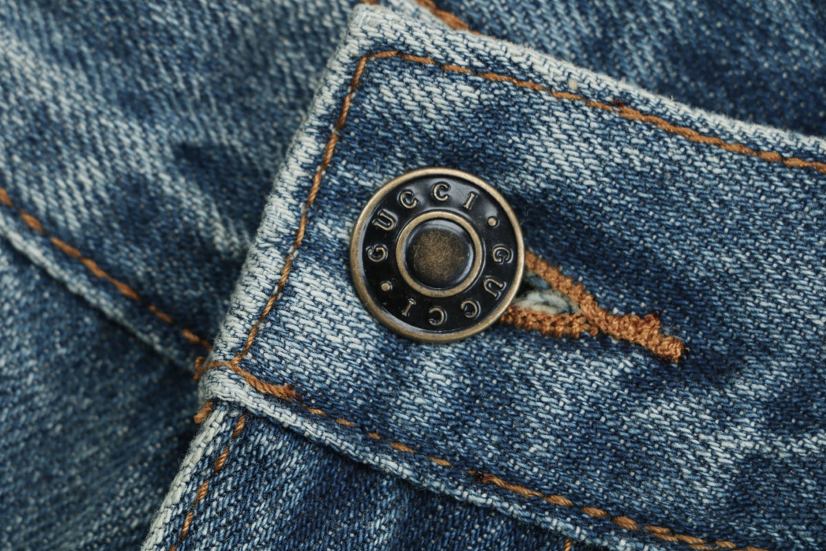 Gucci Distressed Jeans with Black G Patch - Blue