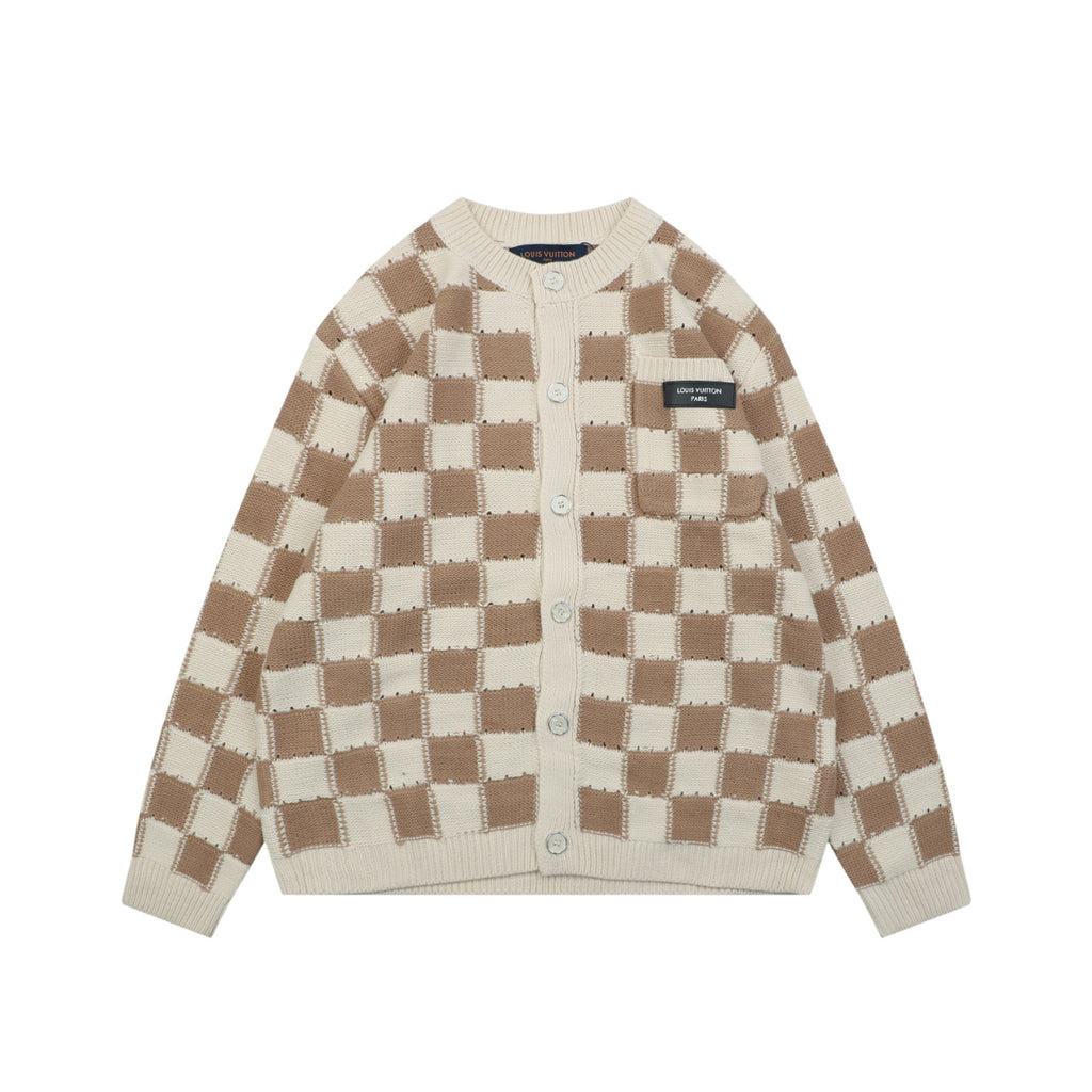 Louis Vuitton Beige and Brown Checkerboard Knit Cardigan