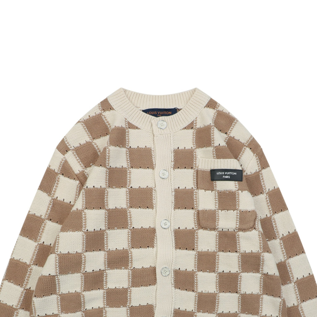 Louis Vuitton Beige and Brown Checkerboard Knit Cardigan