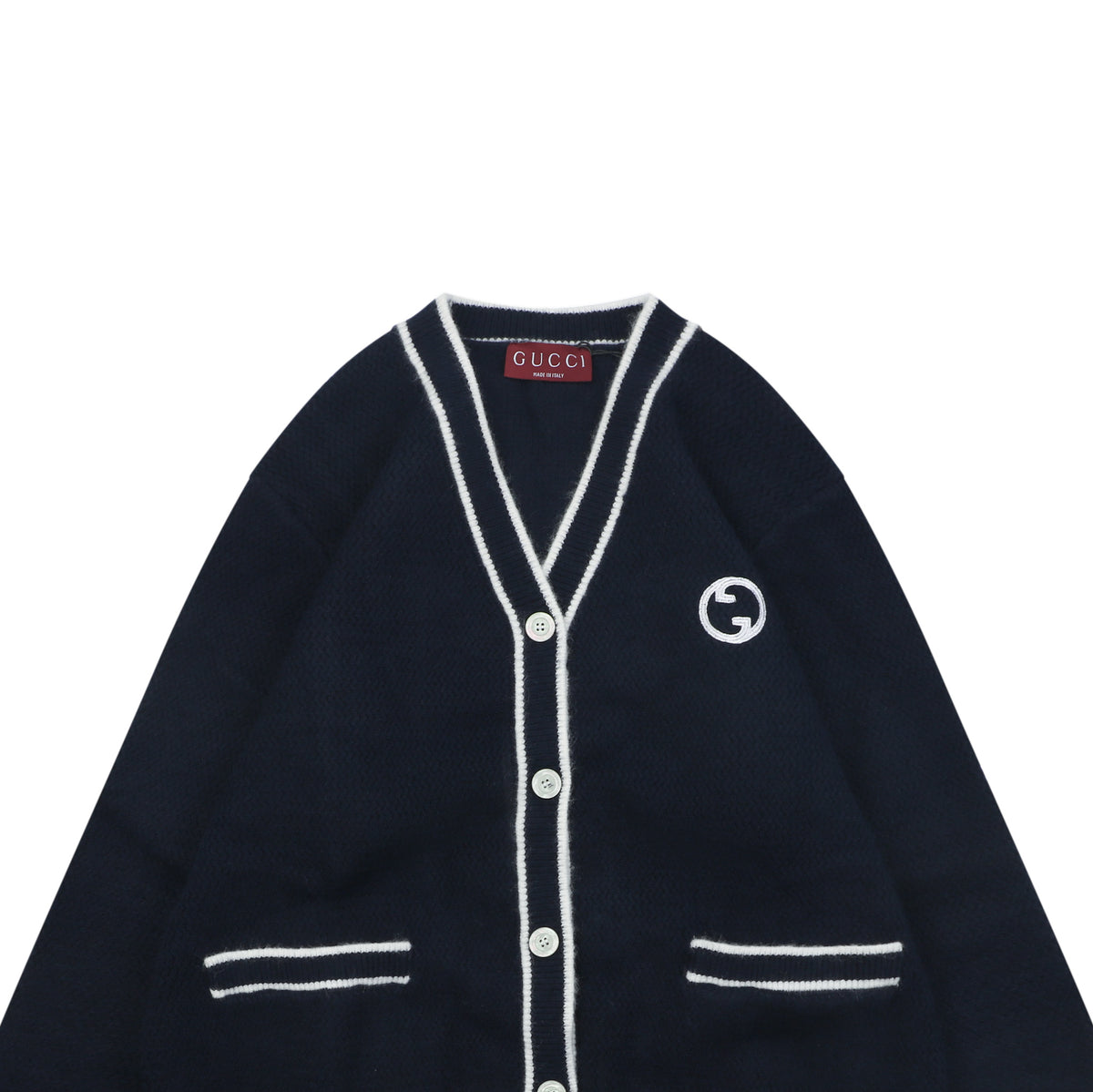 Gucci Double G Logo Contrast-Trim Cardigan - Navy
