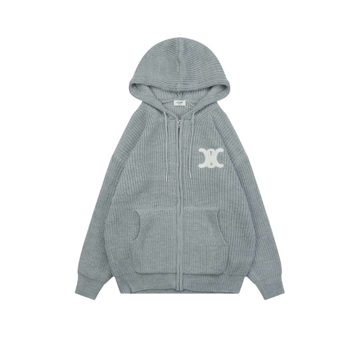 Celine Grey Large Triomphe Logo Zip-Up Hooded Sweater