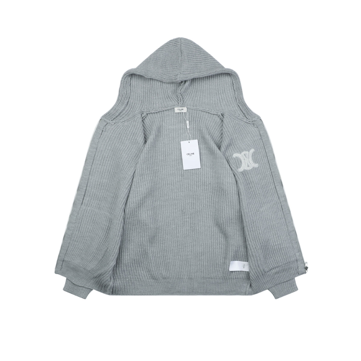 Celine Grey Large Triomphe Logo Zip-Up Hooded Sweater