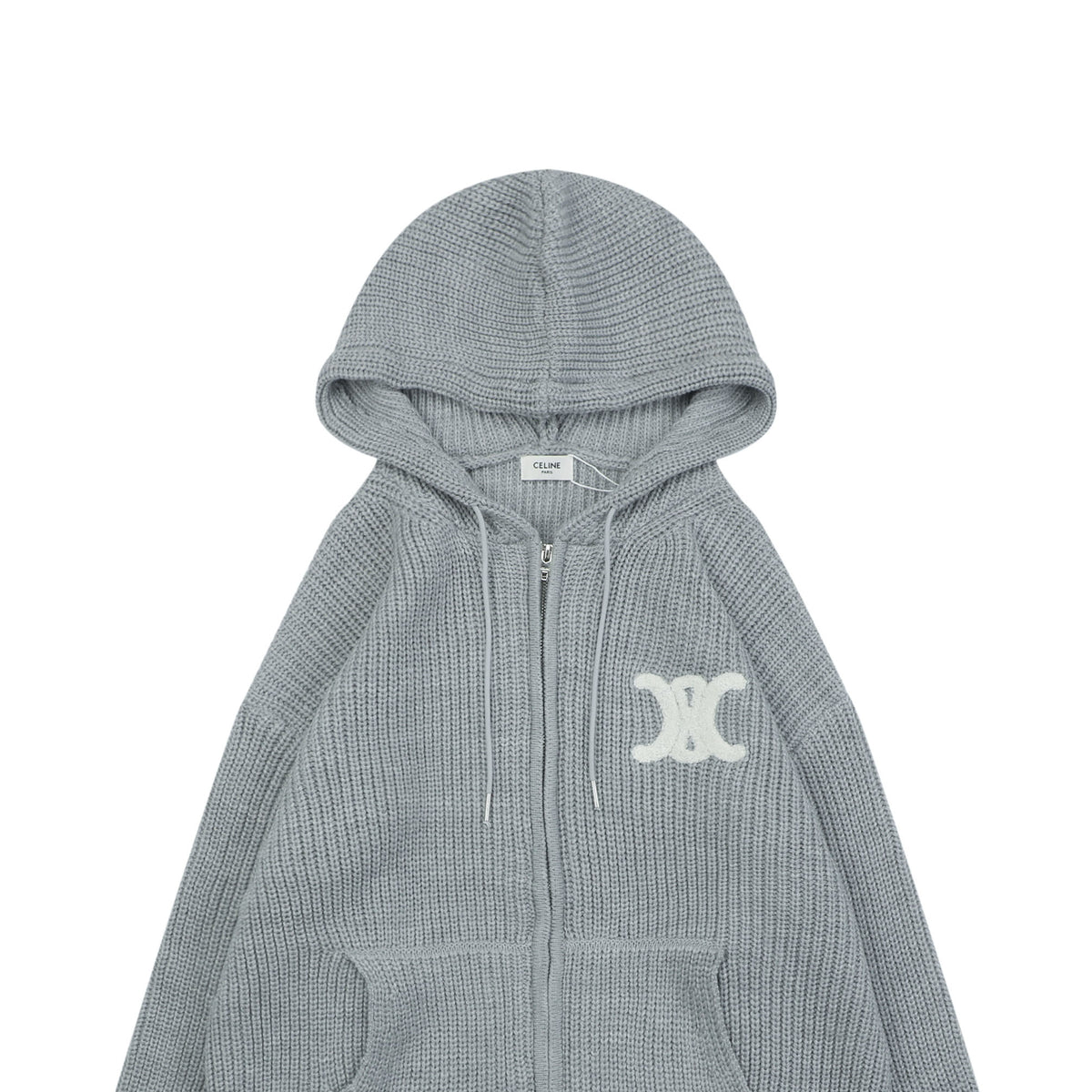 Celine Grey Large Triomphe Logo Zip-Up Hooded Sweater