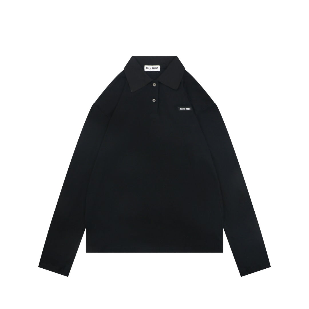 Miu Miu 26FW Small Logo Long-Sleeve Polo Shirt - Black