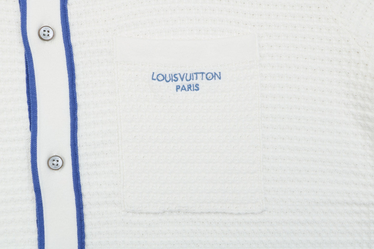 Louis Vuitton Blue-Trim Jacquard Short-Sleeve Shirt - White