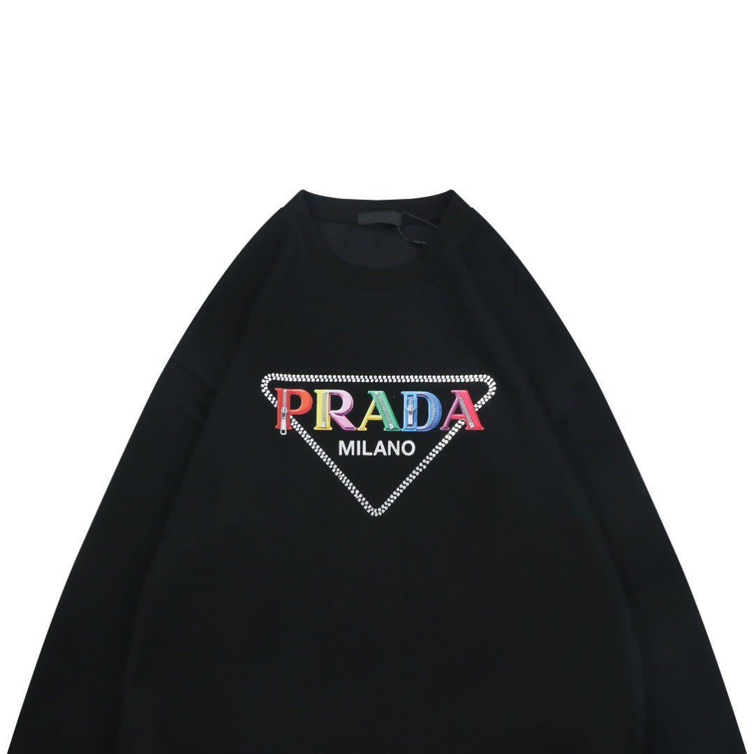 Prada Zipper-Effect Triangle Logo Print Crewneck Sweatshirt - Black