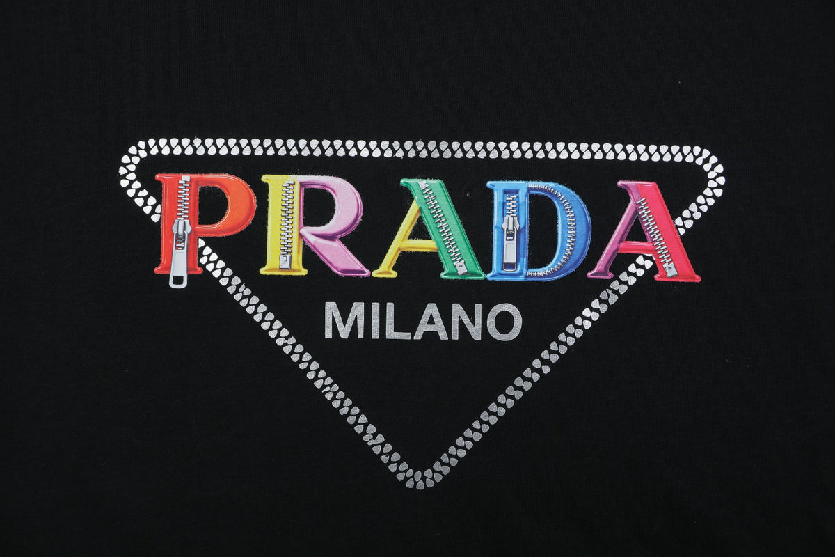 Prada Zipper-Effect Triangle Logo Print Crewneck Sweatshirt - Black